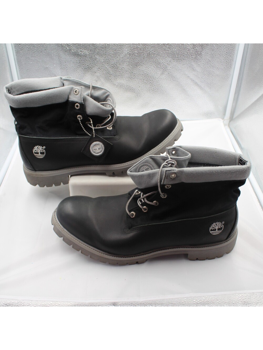 Timberland Roll Top Boots Men 15 M Black Gray Leather Premium Fold Down